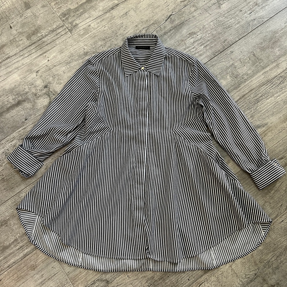 Donna Karan New York 100% Cotton B/W Striped Button up Collar Tunic Shirt